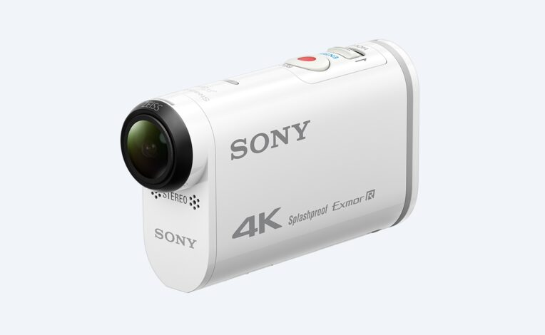 Angled view of white Sony FDR-X1000V action cam