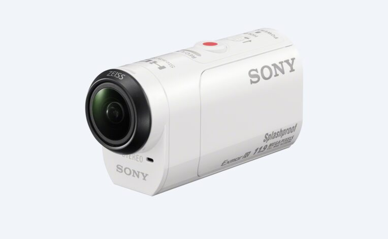 Angled view of white Sony HDR-AZ1 action cam