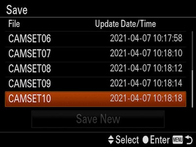 相機目錄上的"保存"，"CAMSET10"上的游標