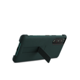 Xperia 5 III with green cover stand, front and rear view