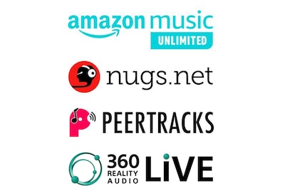 Amazon Music Unlimited, nugs.net and 360 Reality Audio Live logos